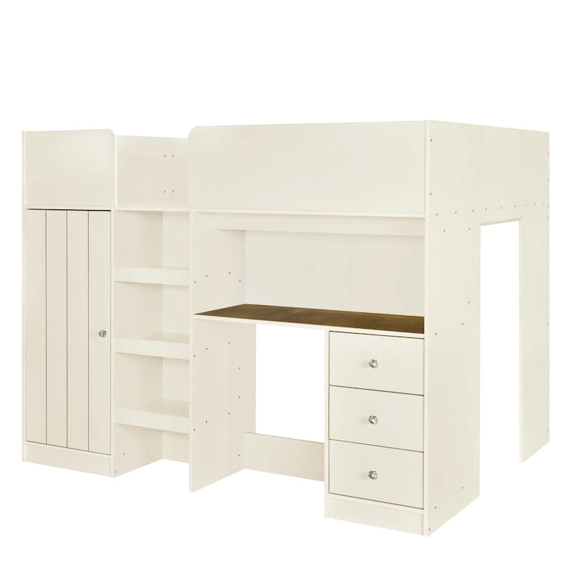 Full Size Loft Bed with Wardrobe Desk Drawers and Storage Shelves Grey