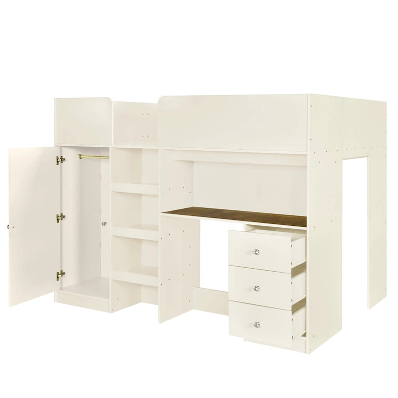 Full Size Loft Bed with Wardrobe Desk Drawers and Storage Shelves Grey