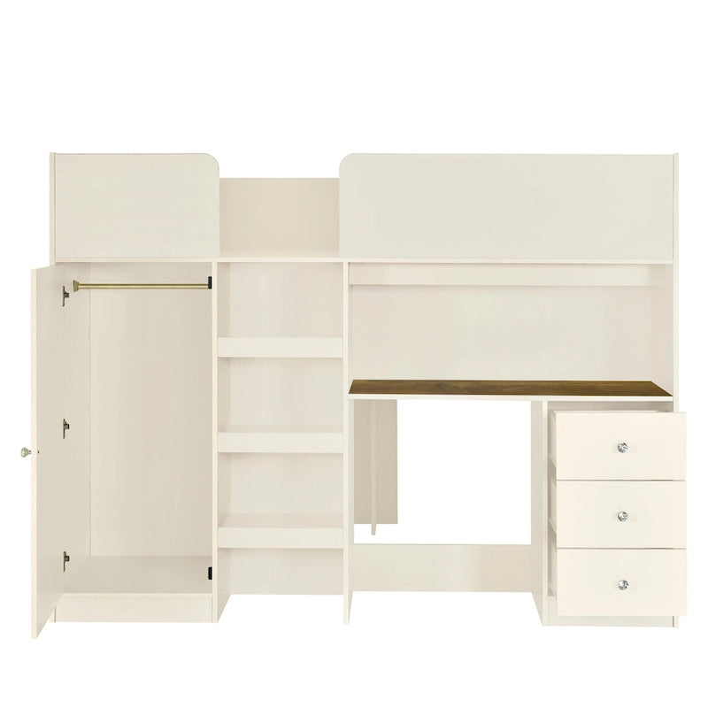 Full Size Loft Bed with Wardrobe Desk Drawers and Storage Shelves Grey