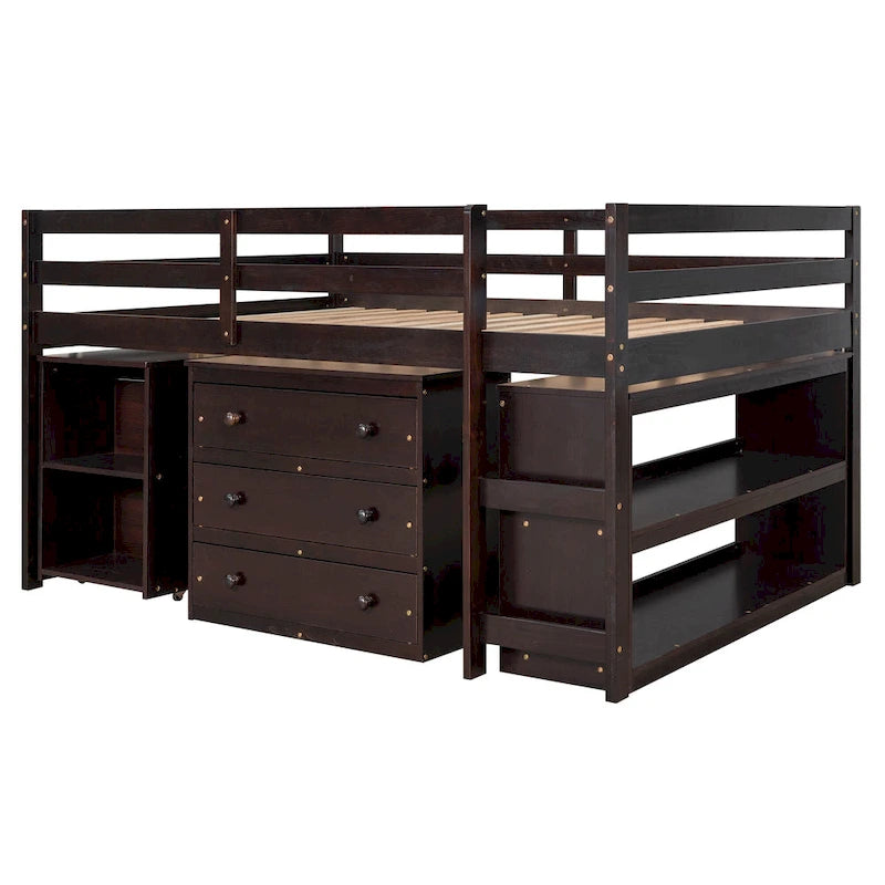 Full Pine Multifunctional Loft Bed with Movable Desk