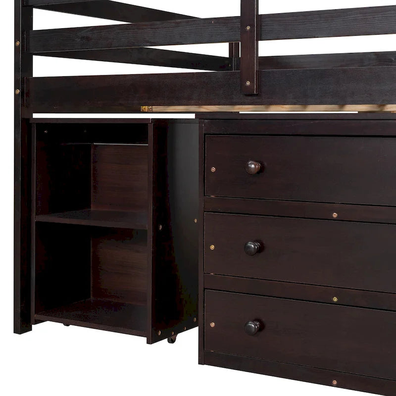 Full Size Pine Wood Loft Bed with Movable Desk Storage Drawers Gray Espresso White