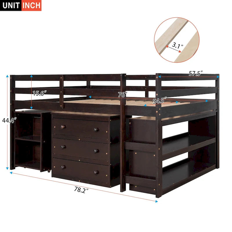 Full Size Pine Wood Loft Bed with Movable Desk Storage Drawers Gray Espresso White