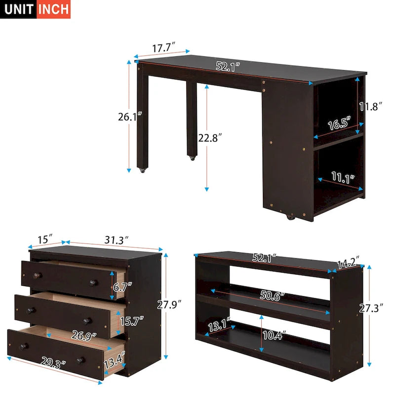 Full Size Pine Wood Loft Bed with Movable Desk Storage Drawers Gray Espresso White