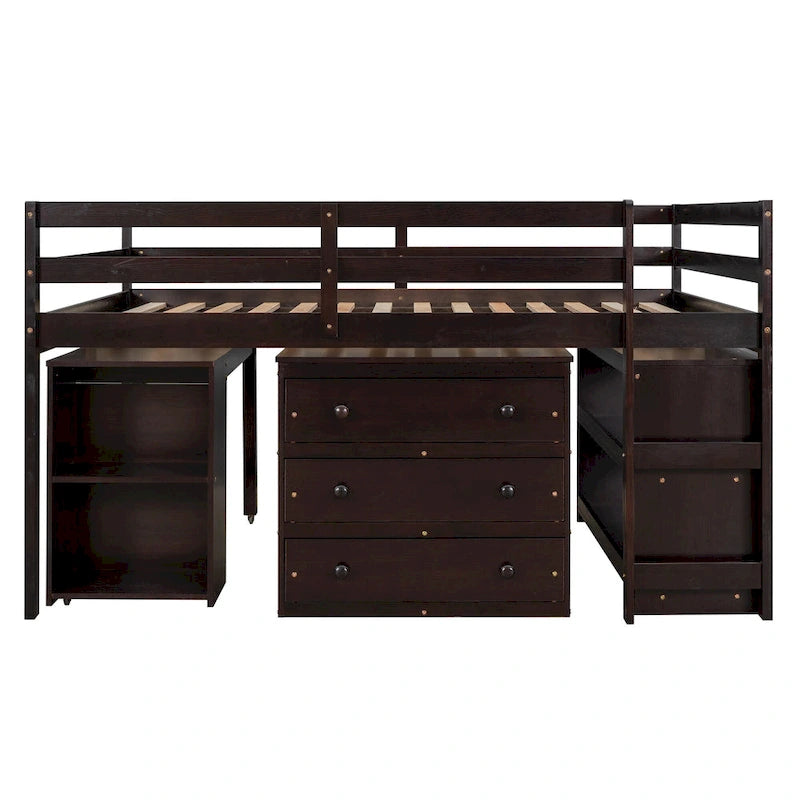 Full Size Pine Wood Loft Bed with Movable Desk Storage Drawers Gray Espresso White