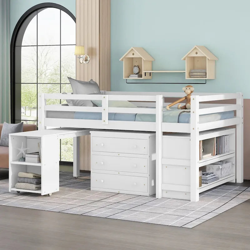 Full Size Pine Wood Loft Bed with Movable Desk Storage Drawers Gray Espresso White