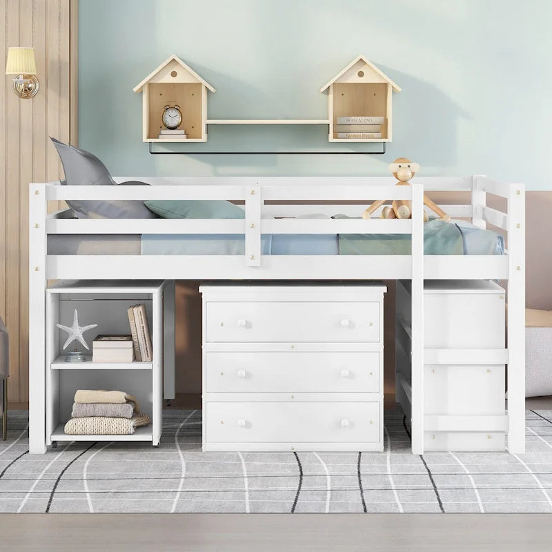 Full Size Pine Wood Loft Bed with Movable Desk Storage Drawers Gray Espresso White