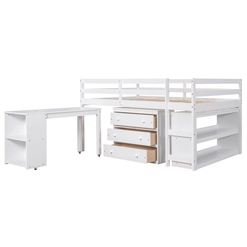 Full Size Pine Wood Loft Bed with Movable Desk Storage Drawers Gray Espresso White