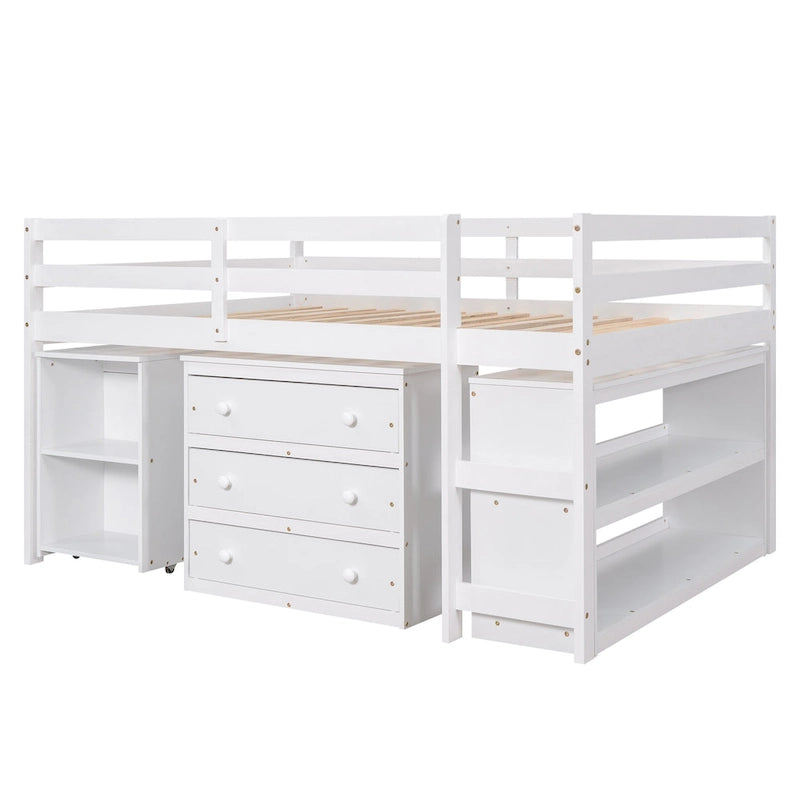 Full Size Pine Wood Loft Bed with Movable Desk Storage Drawers Gray Espresso White