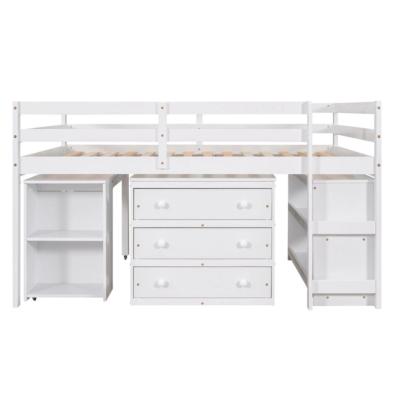 Full Size Pine Wood Loft Bed with Movable Desk Storage Drawers Gray Espresso White