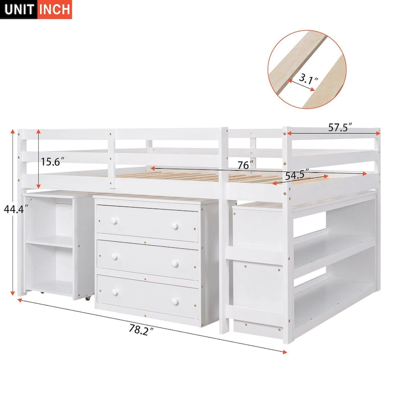 Full Size Pine Wood Loft Bed with Movable Desk Storage Drawers Gray Espresso White