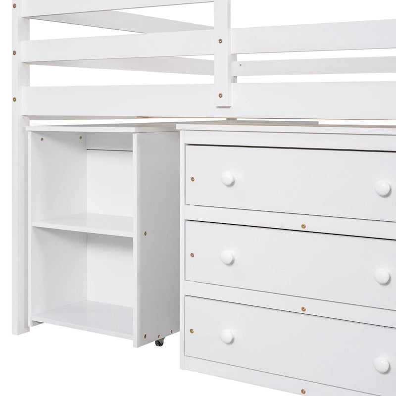 Full Size Pine Wood Loft Bed with Movable Desk Storage Drawers Gray Espresso White