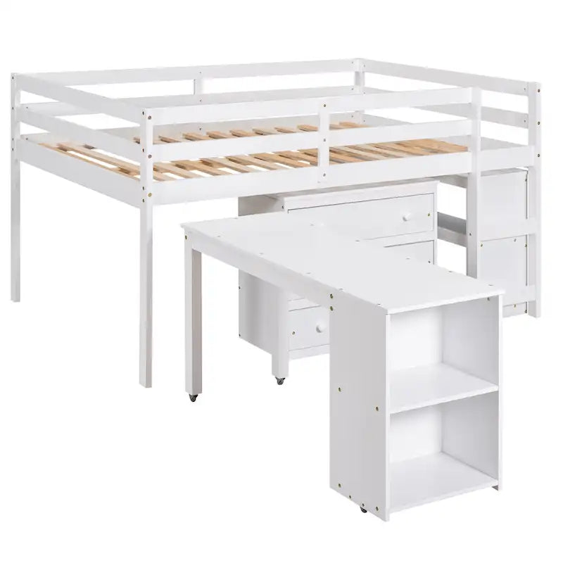 Full Size Pine Wood Loft Bed with Movable Desk Storage Drawers Gray Espresso White