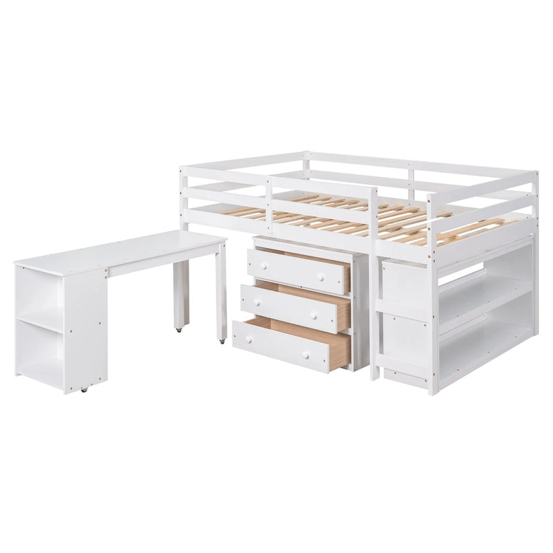 Full Size Pine Wood Loft Bed with Movable Desk Storage Drawers Gray Espresso White