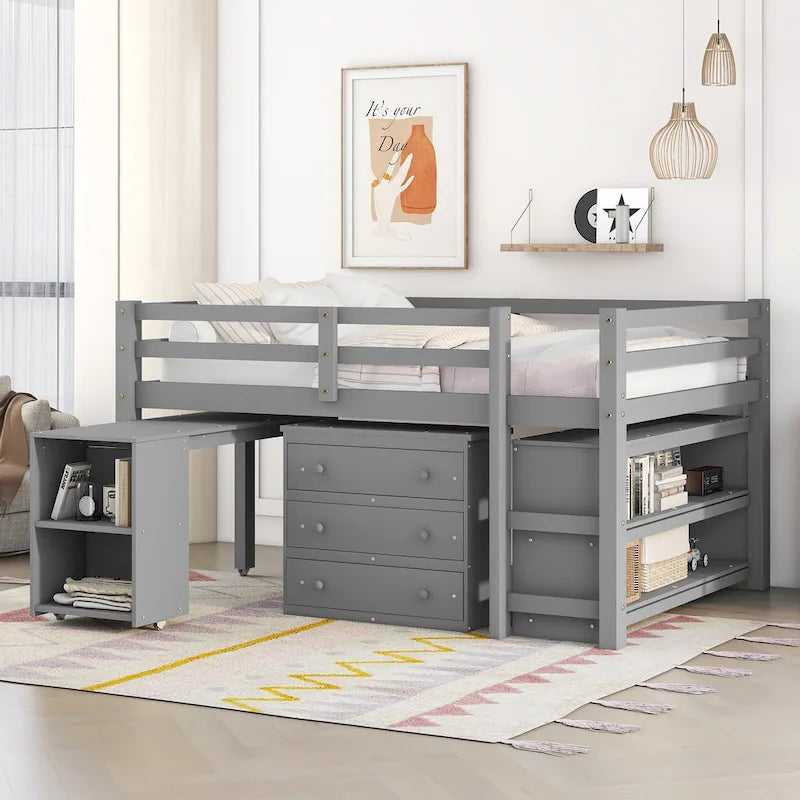 Full Size Pine Wood Loft Bed with Movable Desk Storage Drawers Gray Espresso White