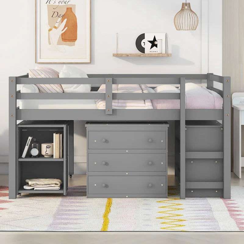Full Size Pine Wood Loft Bed with Movable Desk Storage Drawers Gray Espresso White