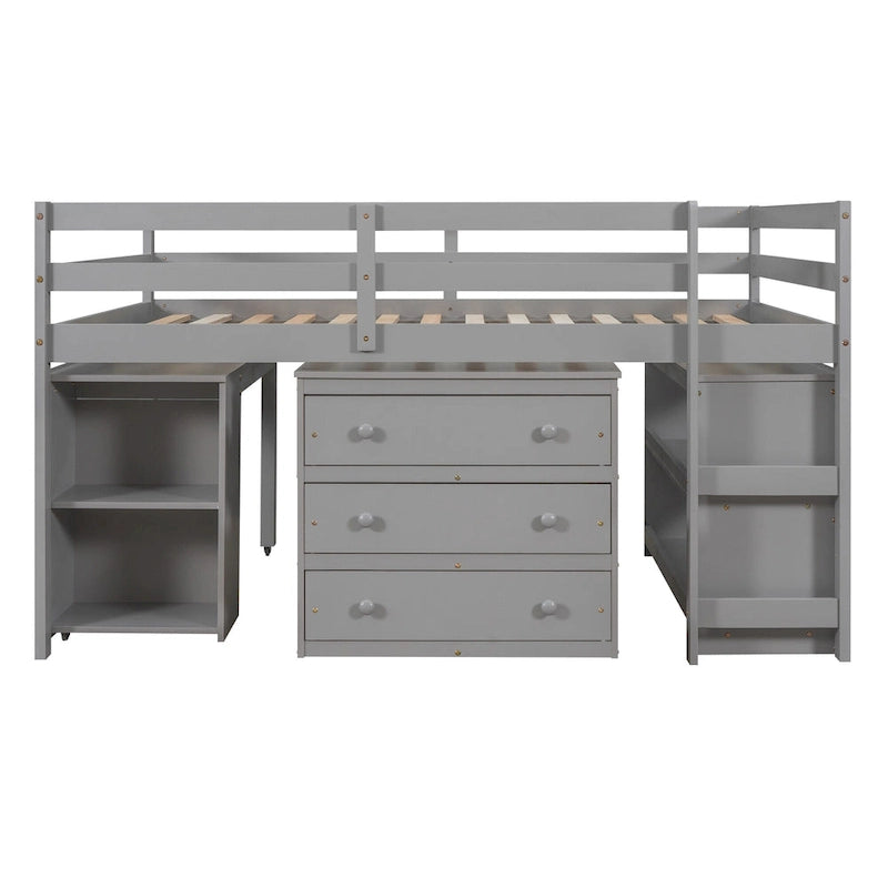 Full Size Pine Wood Loft Bed with Movable Desk Storage Drawers Gray Espresso White