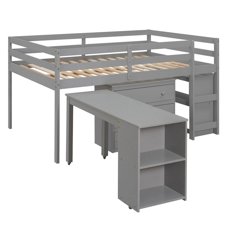 Full Size Pine Wood Loft Bed with Movable Desk Storage Drawers Gray Espresso White