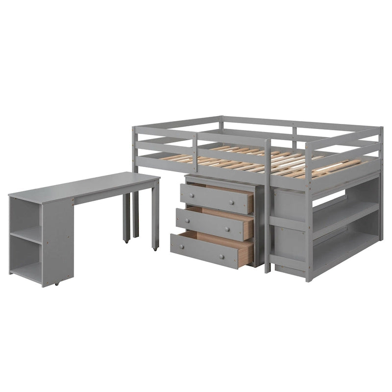 Full Size Pine Wood Loft Bed with Movable Desk Storage Drawers Gray Espresso White