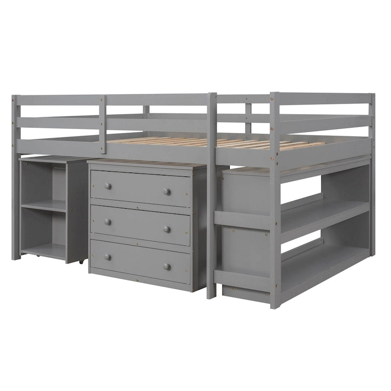 Full Size Pine Wood Loft Bed with Movable Desk Storage Drawers Gray Espresso White