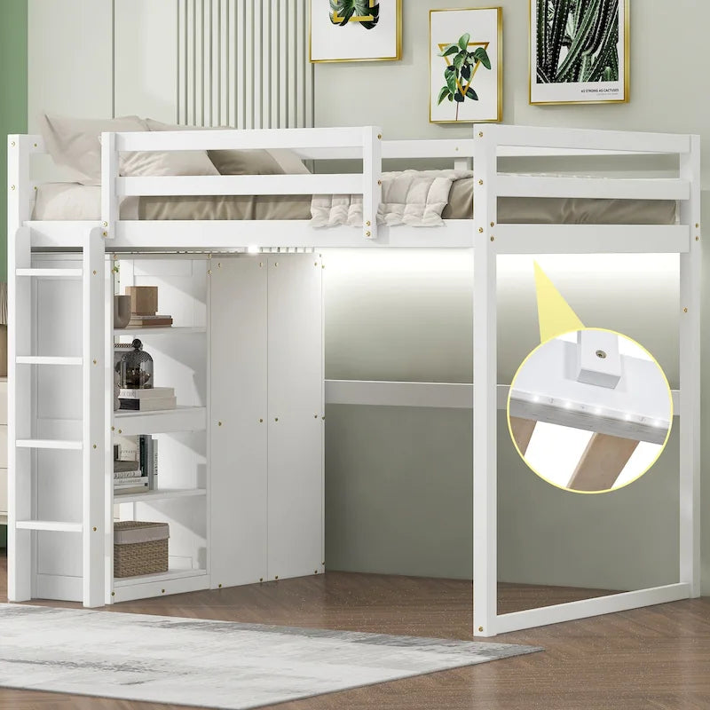 White & Gray Full Size Wood Loft Bed with Wardrobe, Shelves and LED Light