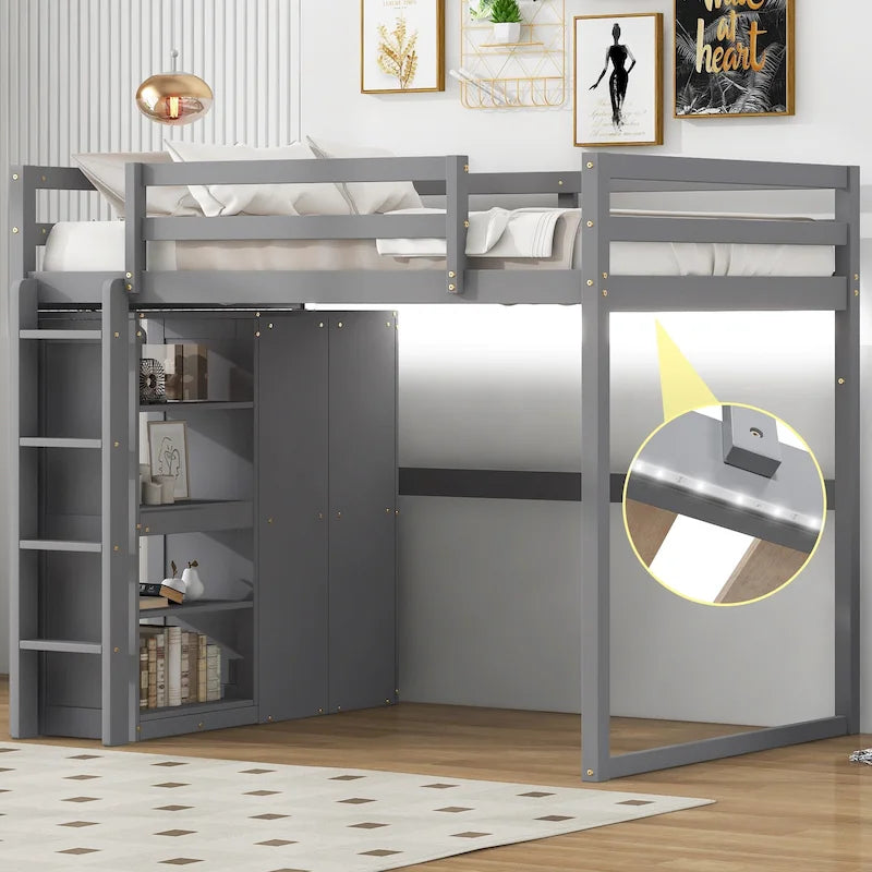 White & Gray Full Size Wood Loft Bed with Wardrobe, Shelves and LED Light