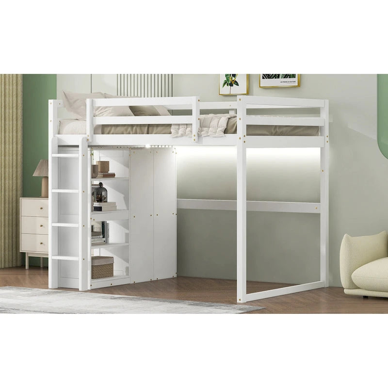 White & Gray Full Size Wood Loft Bed with Wardrobe, Shelves and LED Light