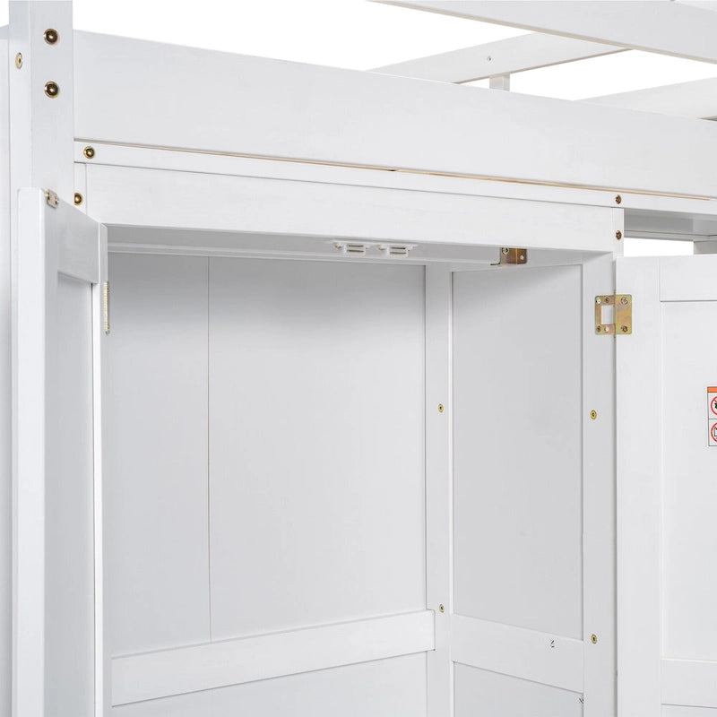 White & Gray Full Size Wood Loft Bed with Wardrobe, Shelves and LED Light