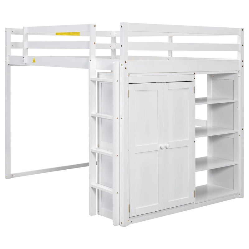 White & Gray Full Size Wood Loft Bed with Wardrobe, Shelves and LED Light