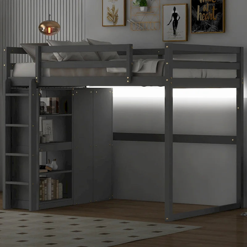 White & Gray Full Size Wood Loft Bed with Wardrobe, Shelves and LED Light