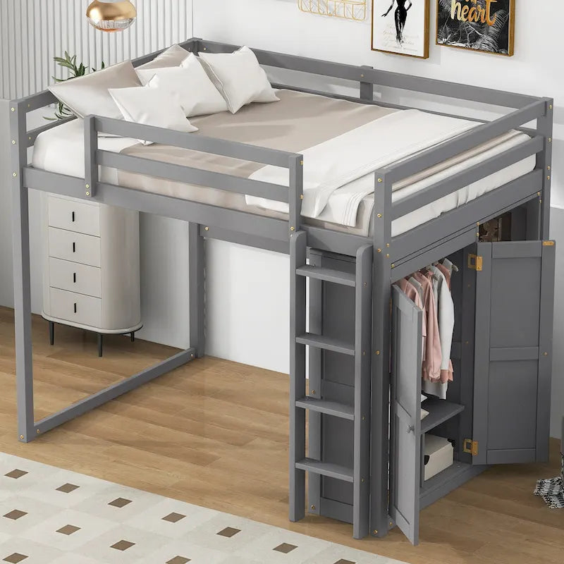 White & Gray Full Size Wood Loft Bed with Wardrobe, Shelves and LED Light