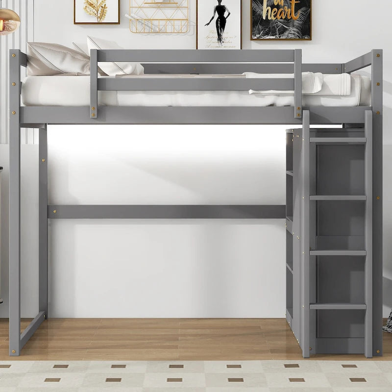 White & Gray Full Size Wood Loft Bed with Wardrobe, Shelves and LED Light