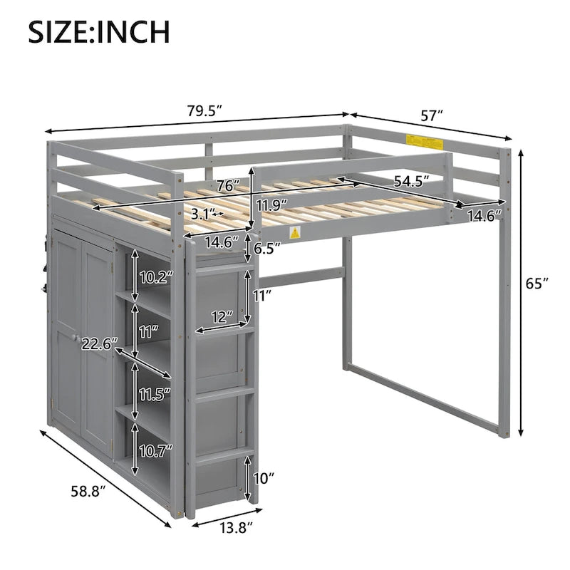 White & Gray Full Size Wood Loft Bed with Wardrobe, Shelves and LED Light