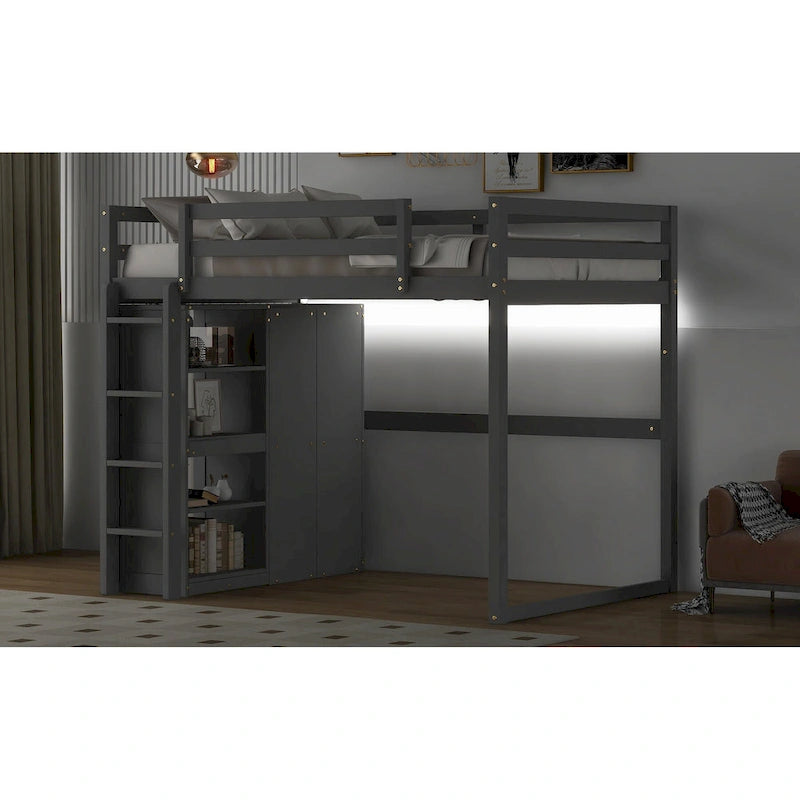 White & Gray Full Size Wood Loft Bed with Wardrobe, Shelves and LED Light