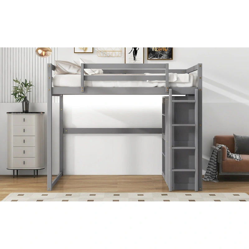 White & Gray Full Size Wood Loft Bed with Wardrobe, Shelves and LED Light