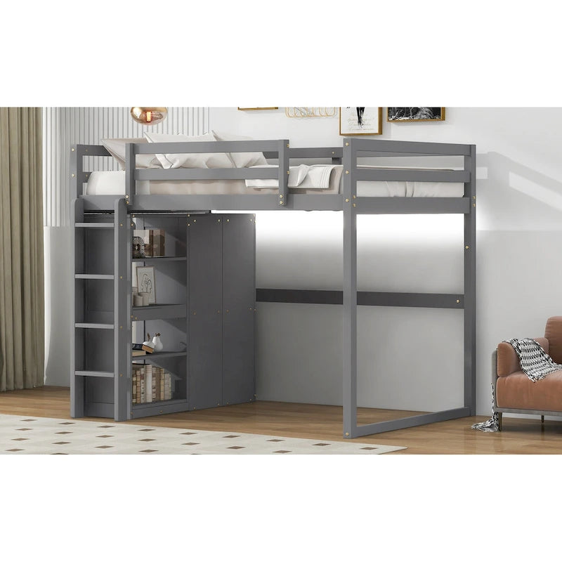 White & Gray Full Size Wood Loft Bed with Wardrobe, Shelves and LED Light