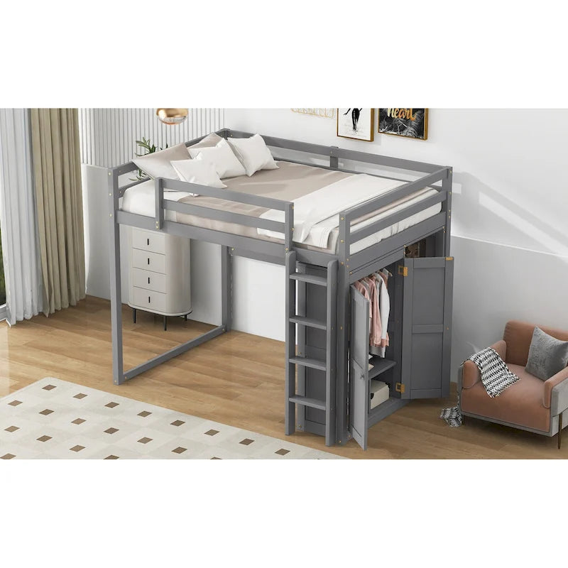 White & Gray Full Size Wood Loft Bed with Wardrobe, Shelves and LED Light