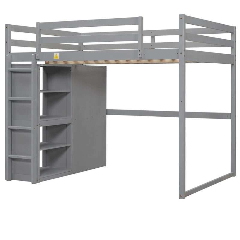 White & Gray Full Size Wood Loft Bed with Wardrobe, Shelves and LED Light