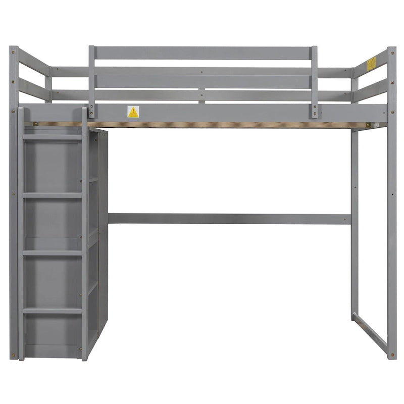 White & Gray Full Size Wood Loft Bed with Wardrobe, Shelves and LED Light