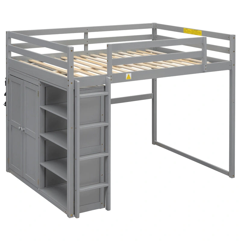 White & Gray Full Size Wood Loft Bed with Wardrobe, Shelves and LED Light