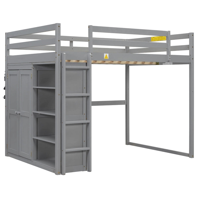 White & Gray Full Size Wood Loft Bed with Wardrobe, Shelves and LED Light