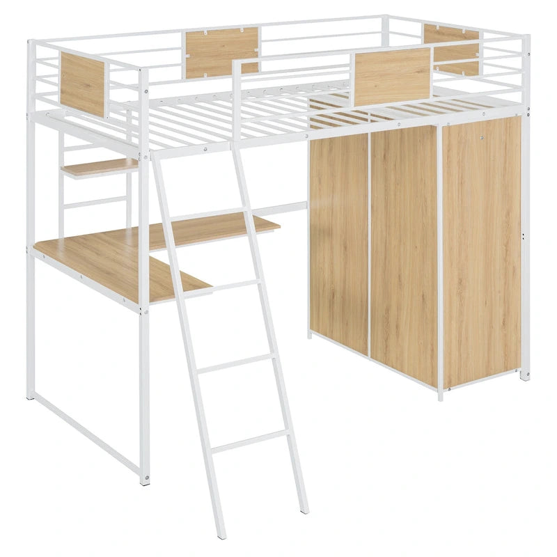 Twin Size Metal Wood Loft Bed with L-shaped Desk and Ladder