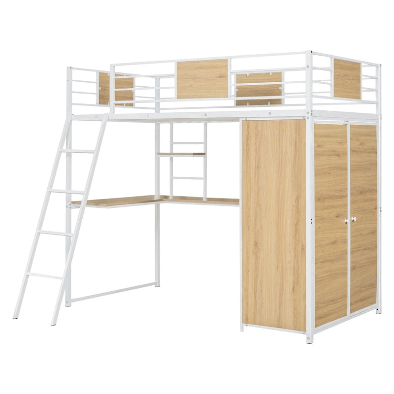 White Oak Metal Wood Loft Bed with L-Shaped Desk Wardrobe Shelves Ladder