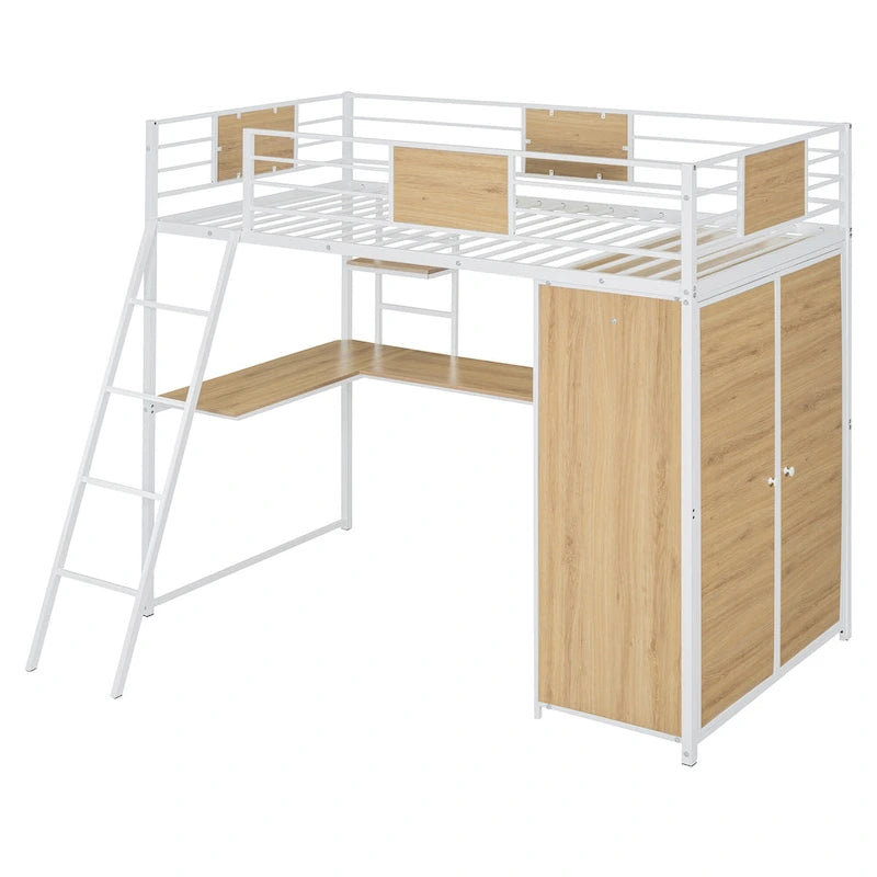 White Oak Metal Wood Loft Bed with L-Shaped Desk Wardrobe Shelves Ladder
