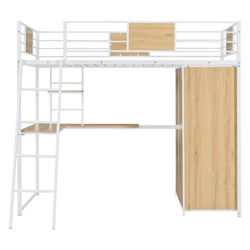 White Oak Metal Wood Loft Bed with L-Shaped Desk Wardrobe Shelves Ladder