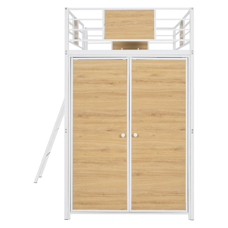 White Oak Metal Wood Loft Bed with L-Shaped Desk Wardrobe Shelves Ladder