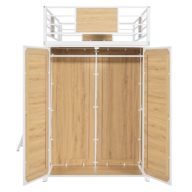 White Oak Metal Wood Loft Bed with L-Shaped Desk Wardrobe Shelves Ladder