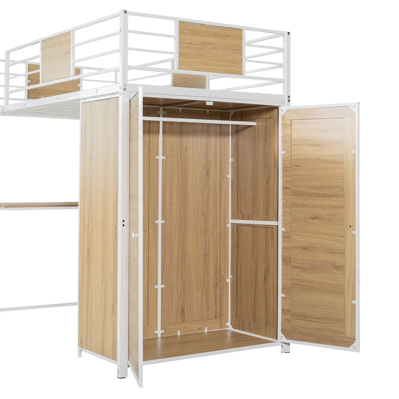 White Oak Metal Wood Loft Bed with L-Shaped Desk Wardrobe Shelves Ladder