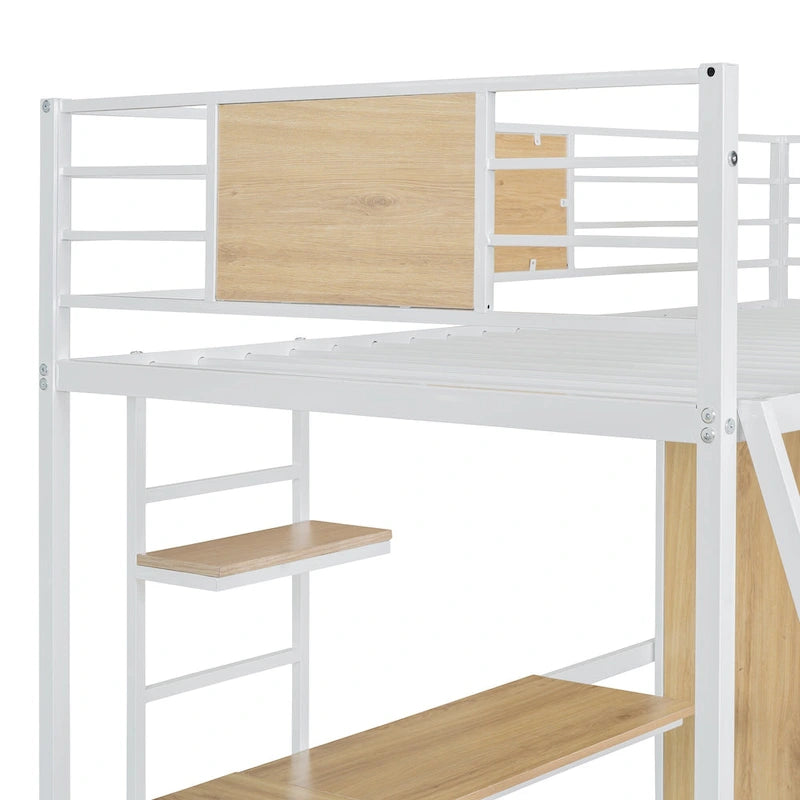 White Oak Metal Wood Loft Bed with L-Shaped Desk Wardrobe Shelves Ladder