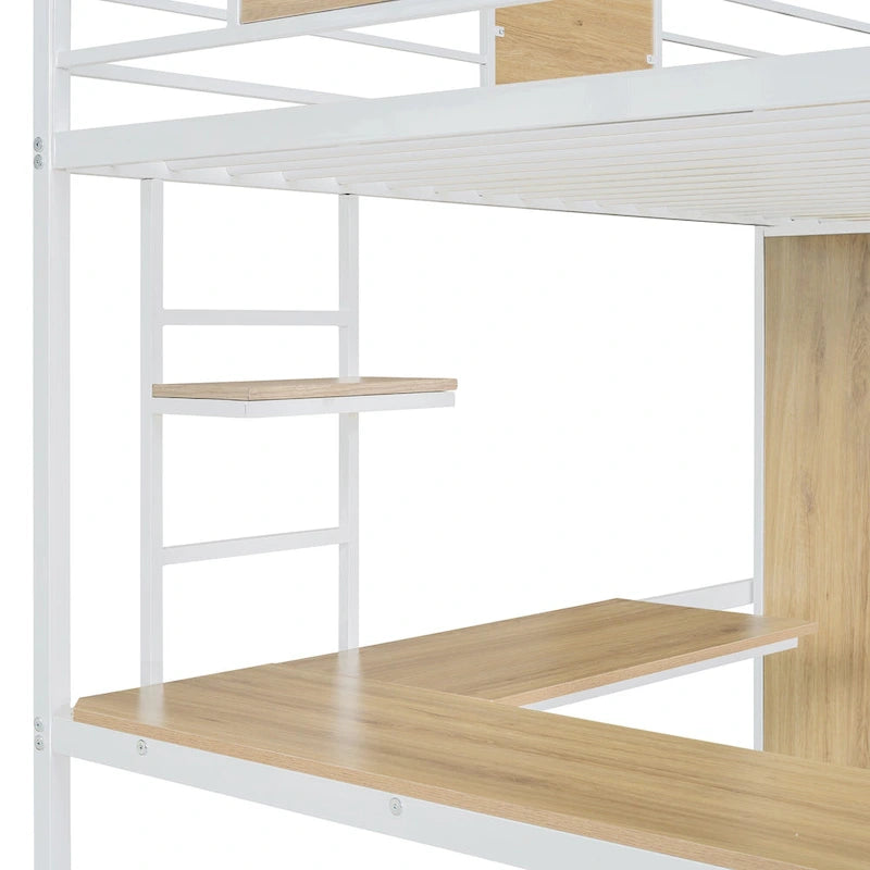 White Oak Metal Wood Loft Bed with L-Shaped Desk Wardrobe Shelves Ladder