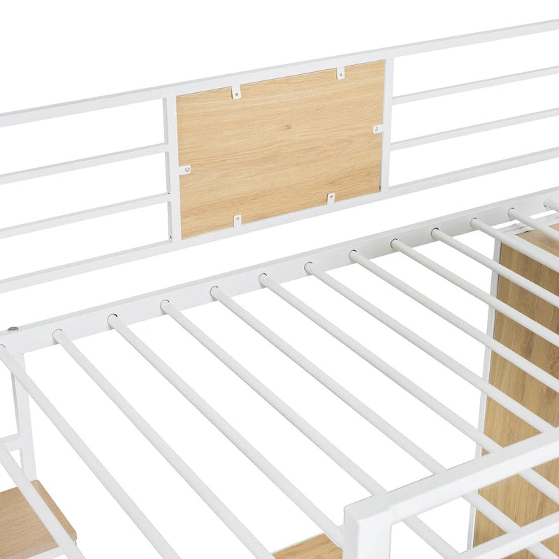 White Oak Metal Wood Loft Bed with L-Shaped Desk Wardrobe Shelves Ladder